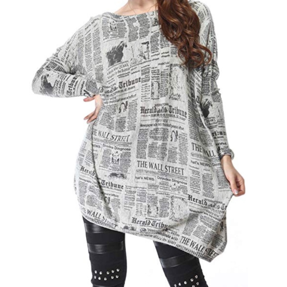 Grey Oversized Newspaper Pullover Dress OneSize